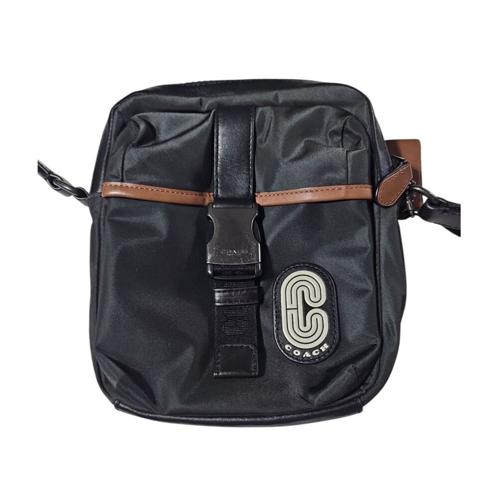Coach Max Crossbody Bag Black Nylon Tan Leather Trim Phone Bag